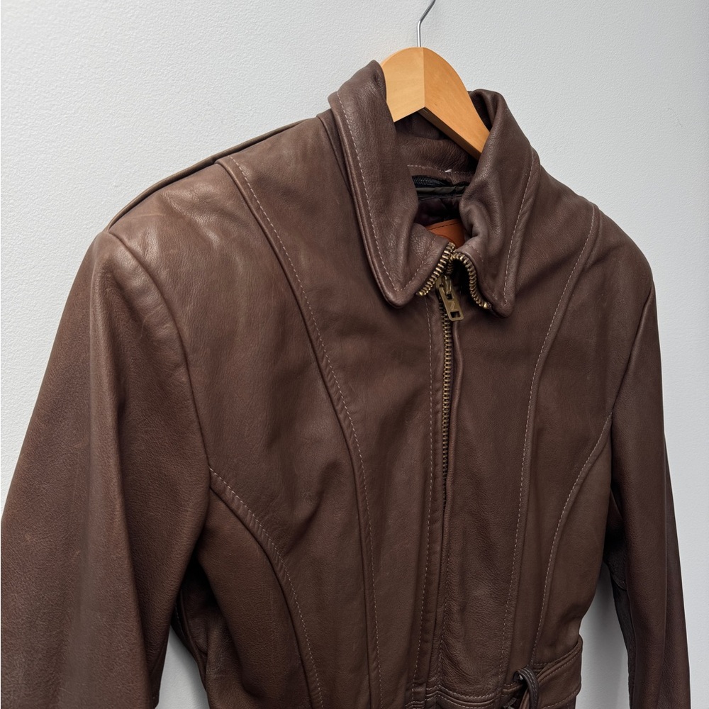 Brown Leather Jacket with Belt - Picture 3 of 7